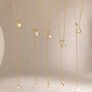 Stainless Steel 18K Gold Plated Adjustable Y Shaped Necklace With Heart Waterdrop Zirconia Artificial Pearl Pendant Jewelry