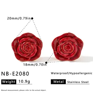 Detailed view of red rose enamel earrings with dimensions and stainless steel specs