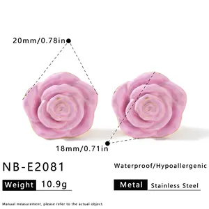 Detail view of pink rose stainless steel earrings with dimensions and weight info.