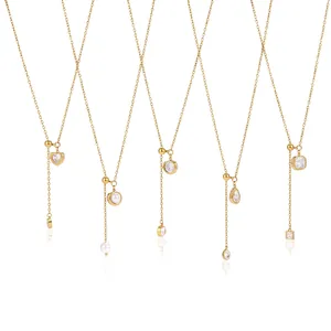 Gold-plated stainless steel Y-shaped necklace with various zircon and pearl pendants