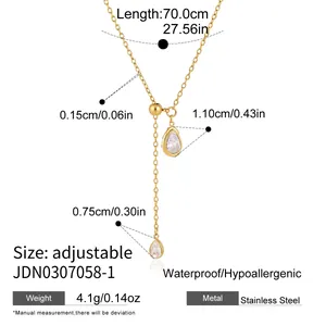 Adjustable gold plated stainless steel Y necklace featuring teardrop zircon pendants