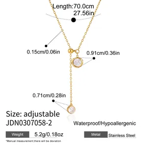Detail of gold plated stainless steel Y-necklace showing adjustable length and dimensions