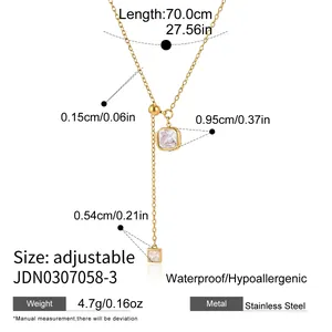 Detailed view of gold-plated stainless steel Y-necklace with adjustable zirconia pendant.