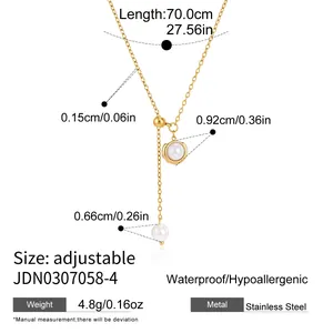 Detailed dimensions of 18k gold plated stainless steel Y-necklace with pearl pendant