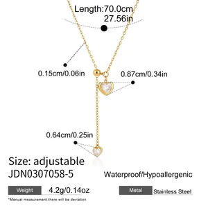 Detailed measurements of a 18k gold plated heart pendant Y-shaped chain necklace.