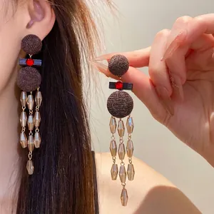 Pendientes de Borla de Madera Redondos de Estilo Étnico Vintage para Mujer Poste de Plata Vidrio Diamantes Geometricos