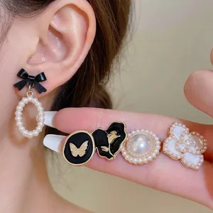 Boucles d'Oreilles Clous Perles Artificielles Vintage Français Ensemble Tige en Argent Alliage Or Blanc Noir Camélia Coeur Papillon Boucles d'Oreilles Géométriques Femme