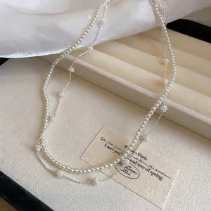 Elegant French vintage double-layer pearl and silver ball necklace for women