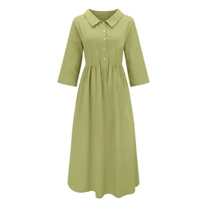 Full length view of a lime green casual cotton linen loose fit dress for women.