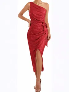 Red one-shoulder sleeveless sequin wrap dress with high slit and waist tie for parties