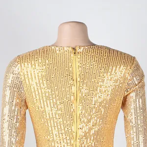 Detailed macro shot showing the back zipper and texture of this gold sequin evening dress