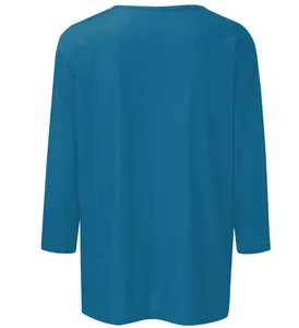 Back view of a casual solid blue three-quarter sleeve T-shirt for women.