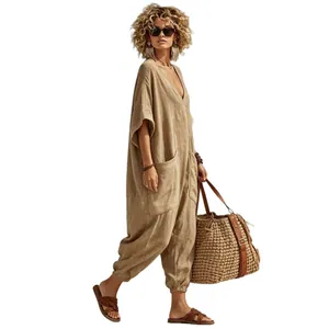 Loose-fitting V-neck linen-blend jumpsuit for women with oversized pockets