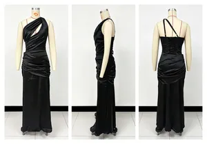 Multiple views of a black satin one-shoulder cutout mermaid dress with pleated details