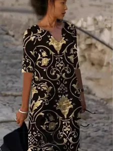 Women V Neck Half Sleeve Printed Dress Vintage Abstract Loose Plus Size Bohemian Floral Casual Midi Dress