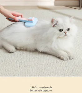Detail of a light blue 140 degree curved cat grooming comb for effective hair removal.