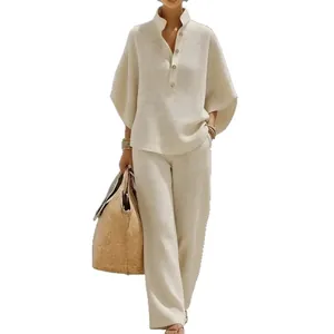 Ensemble deux pièces élégant en maille gaufrée crème avec chemise et pantalon large