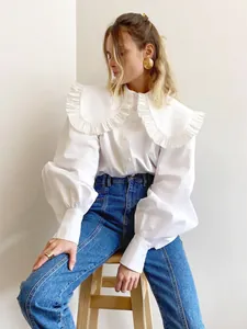 French Fashion Women White Peter Pan Collar Shirt Long Sleeve Ruffled Cotton Blouse Loose Puff Sleeve Single Breasted Top
