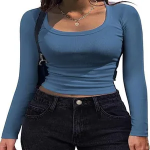 Women's slim fit blue ribbed long sleeve T-shirt featuring a stylish square neck