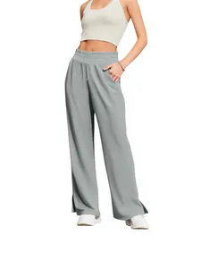 Comfortable women's high-waisted wide-leg trousers in light gray soft breathable fabric