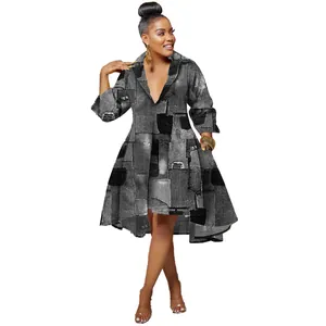 Patchwork print deep V-neck dress with long sleeves and high-low hem design