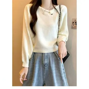 Elegant Korean style white knit sweater with asymmetric diagonal collar and batwing sleeves