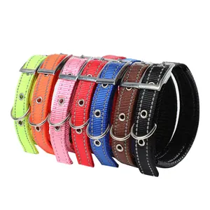 Adjustable reflective nylon dog collars with foam padding in multiple bright colors for pets