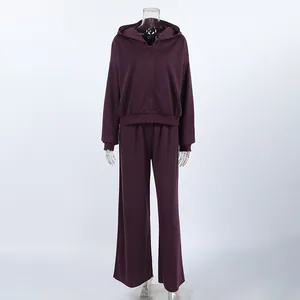 Vista completa del conjunto de chándal de dos piezas con capucha morada y pantalón ancho.