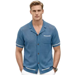 Men Casual Viscose Hollow Out Knitted Polo Shirt Cuban Collar Short Sleeve Top Button Down Cardigan Contrast Stripes Shirt