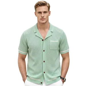 Professional studio shot of a men's summer hollow-out knit polo shirt with Cuban collar