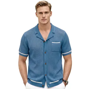 Men's light blue hollow-knit Cuban collar short-sleeved button-down cardigan polo shirt
