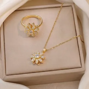 Modische Rotierende Sonnenblume Zirkonia Anhänger Halskette Für Damen Vergoldeter Edelstahl Blumen Schlüsselbeinkette Schmuck