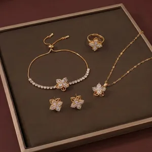 Rotating Four Leaf Clover Necklace Earrings Ring Bracelet Jewelry Stainless Steel Marquise Zircon Elegant Women Fashion