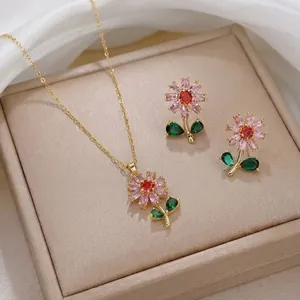 Conjunto de Joyería de Collar y Pendientes con Colgante de Flor de Acero de Titanio Diseño Floral de Circonita