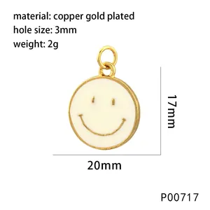 Copper gold plated smiley face pendant detail with 20mm x 17mm size specifications