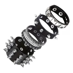 4-piece punk rock gothic black leather bracelet set with silver spikes and studs