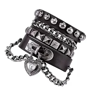Punk style layered leather bracelet set with metal studs and heart padlock charm