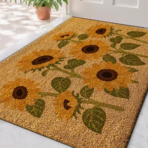 Paillasson Faux Coco Motif Floral Tournesol Cactus Antidérapant Élimination Poussière Tapis Entrée Pour Maison Intérieur Extérieur