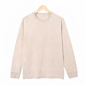 Vintage washed cotton long sleeve T-shirt with distressed finish and oversize fit in khaki