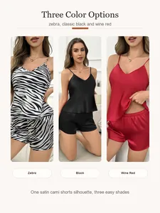 Three color options for satin cami and shorts pajama set including zebra, black, and wine red.