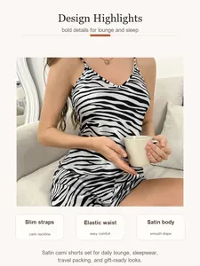 Satin zebra print cami and shorts pajama set for stylish lounge and sleepwear