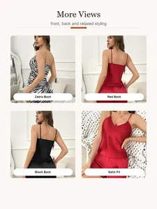 Detailed views of women's satin zebra print and solid color pajama sets in a four-grid layout