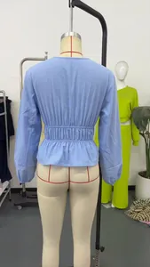 Detailed back view of a light blue long sleeve blouse featuring a smocked waist and peplum hem