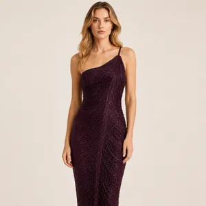 Elegant purple one-shoulder glitter knit bandage dress for slimming evening parties
