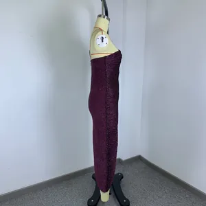 Side view of an elegant purple sequined one-shoulder bodycon dress on a mannequin