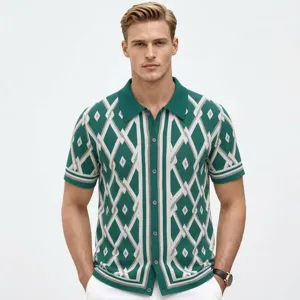 Men's Geometric Jacquard Knit Polo Shirt Short Sleeve Button Up Cardigan Viscose Summer Casual Western Style Top