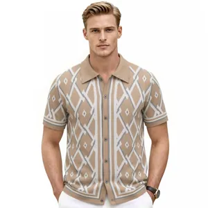 Men's beige short sleeve knit polo shirt with a stylish geometric diamond jacquard