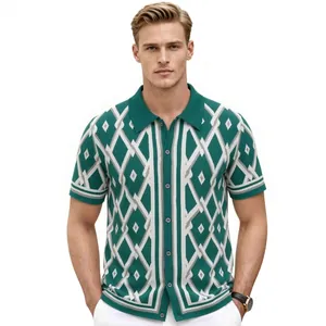 Men's short-sleeved green knit polo shirt featuring a stylish geometric jacquard pattern
