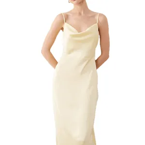 Elegant cream satin cowl neck slip dress for women, glossy slim fit long evening gown