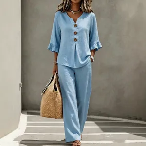 Ensemble Haut et Bas pour Femme avec Col en V Boutons Manches 3/4 à Volants Couleur Unie Décontracté Élégant Printemps Été